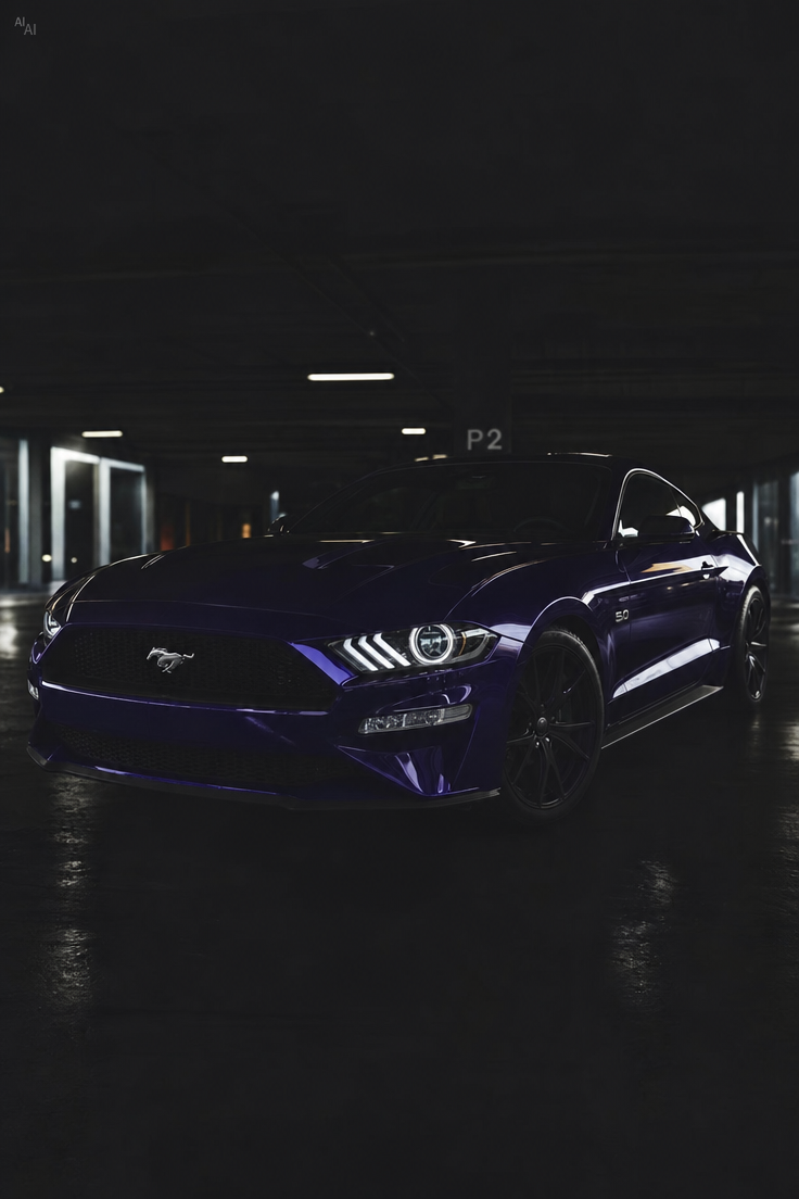Ford Mustang with restored headlights in a parking garage